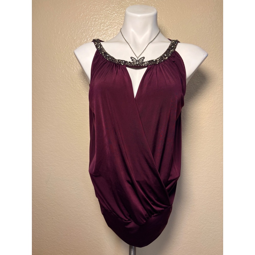Y2K Express Burgundy Beaded Neckline Draped Surplice Sleeveless Blouse Medium #5